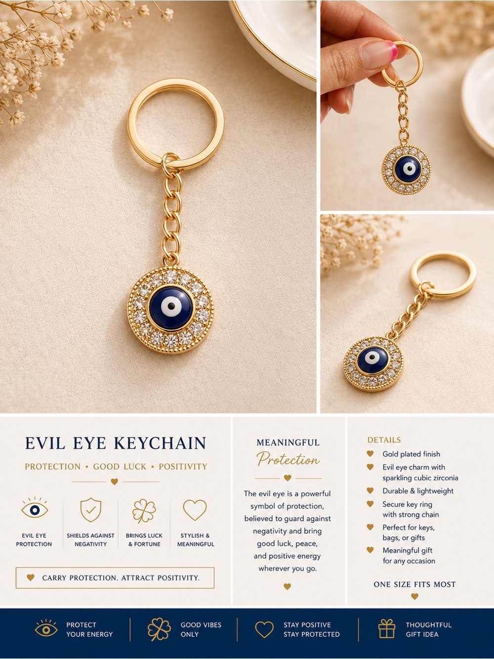 Gold Evil Eye Keychain with Blue Center